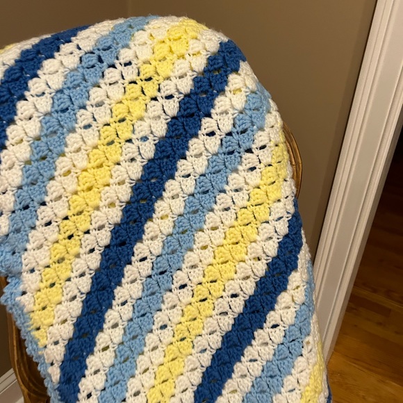 Crotched Afghan Blanket - Blue, Yellow and White Blanket ,Throw, Afghan - - Picture 8 of 14
